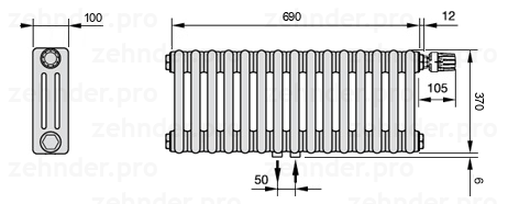 Схема (чертеж) Радиатор Zehnder Charleston 3037/15 №V008 Белый глянцевый RAL 9016